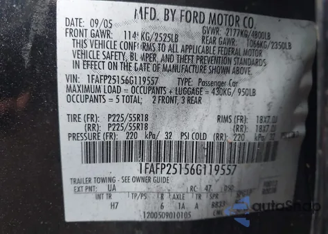 2006 Ford Five Hundred Limited из США, поврежденный, VIN 1FAFP25156G119557